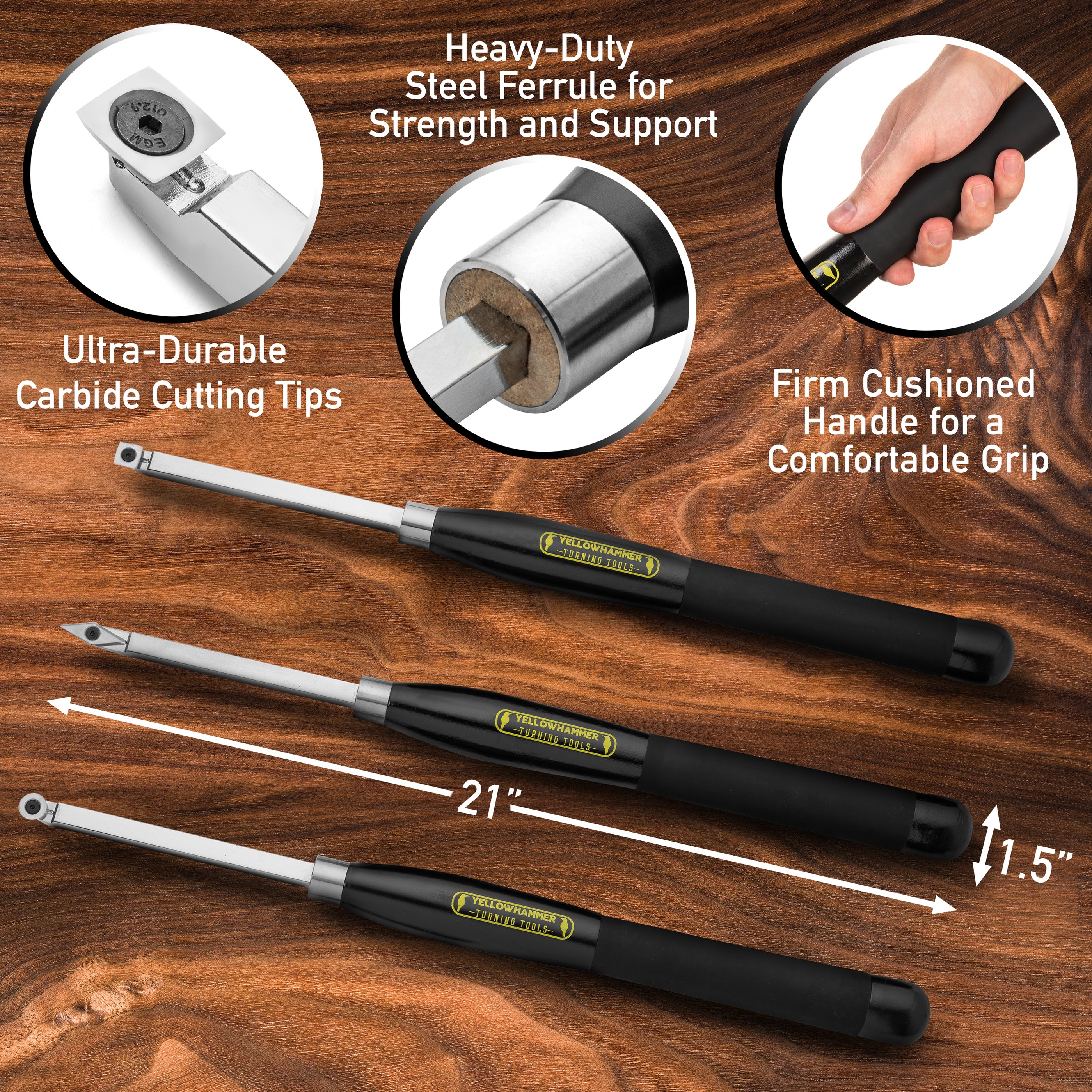Yellowhammer Premium 3 Piece Full Size Carbide Turning Tool Set — Wood