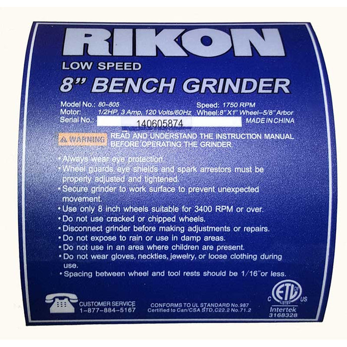 Rikon 1/2 HP Grinder - 8", slow speed